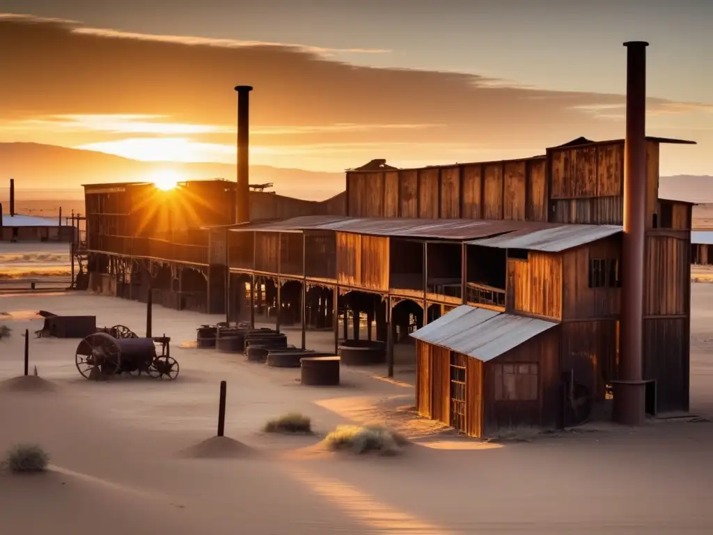 Un paisaje dorado y misterioso de las ruinas de Humberstone en Chile, invitando a explorar la historia perdida.