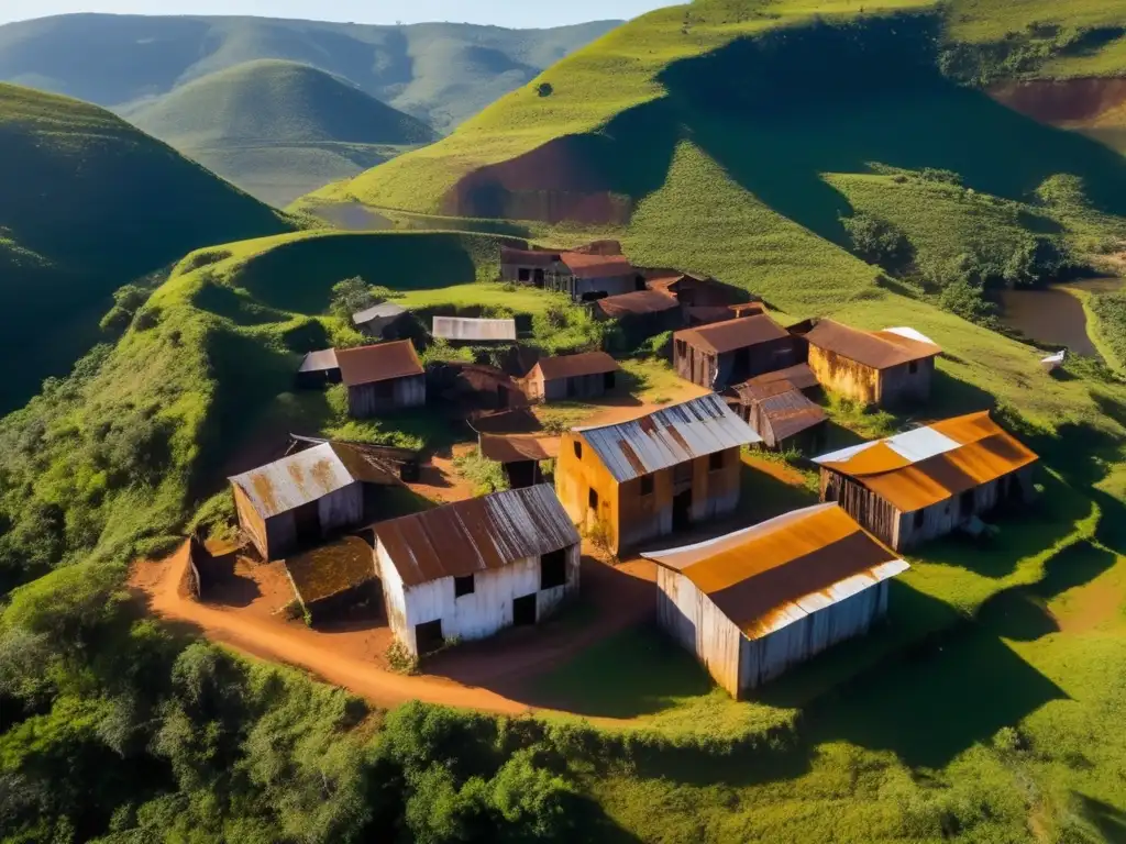 Un paisaje fantasmal de una ciudad minera abandonada en Minas Gerais, Brasil, revelando la desolación y misterio de un pasado olvidado.