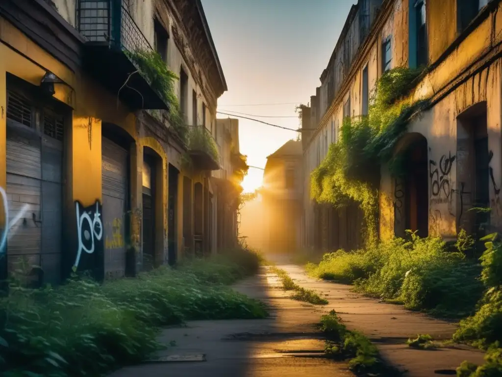 Un paisaje urbano abandonado y fantasmal, fotografiando ciudades fantasma abandonadas. <b>Calles, edificios en ruinas, graffiti y niebla.