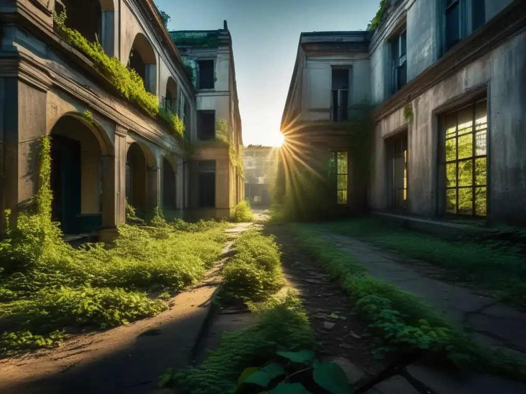 Un paisaje urbano abandonado y cubierto de vegetación, muestra el potencial de las ciudades fantasma con su belleza melancólica.