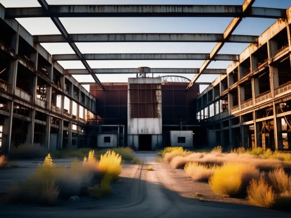 La planta abandonada de Hanford energía nuclear se funde con la naturaleza, creando una atmósfera desoladora al anochecer.