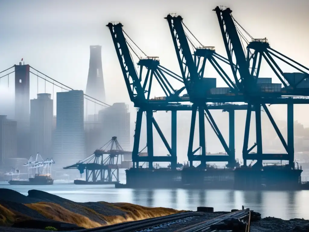 Las grúas portuarias inactivas de San Francisco se alzan en la niebla, testigos silenciosos del paso del tiempo y el cambio en el paisaje urbano.