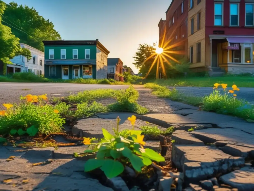 'Reconquista de la Naturaleza en Pueblo Fantasma: Raíces y flores entre edificios abandonados, con luz cálida filtrándose entre la vegetación.'