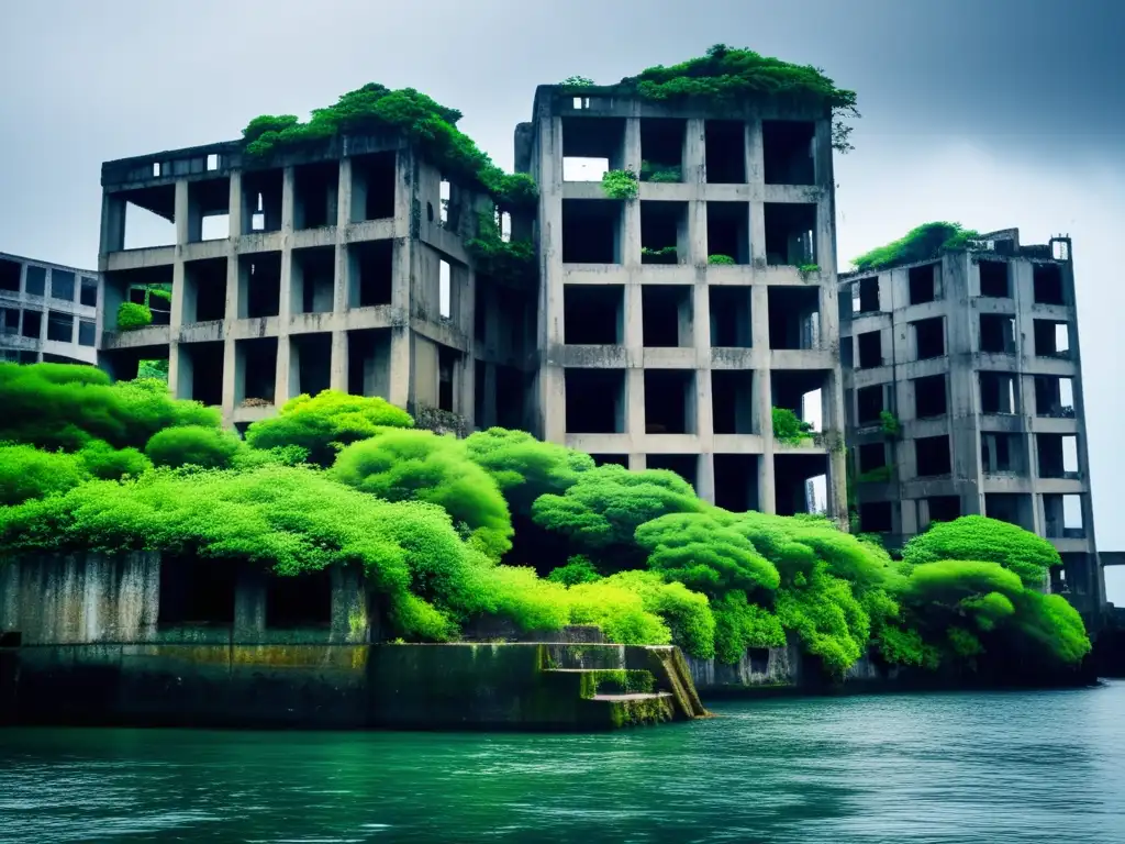 'Los restos fantasma de Hashima: edificios abandonados, naturaleza reclamando, cielos nublados y aguas quietas. <b>Historia isla fantasma Hashima.'