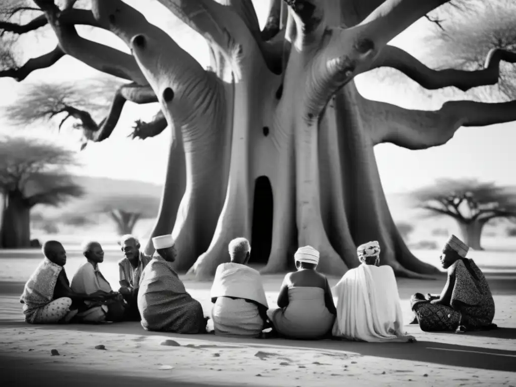 Un retrato en blanco y negro de ancianos bajo un baobab en Casamance, mostrando la herencia colonial de Casamance en su atuendo y expresiones.