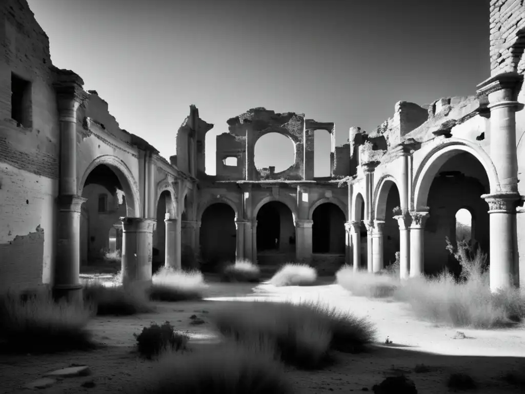 Ruinas de Belchite, ciudad fantasma abandonada por la guerra, con edificios en ruinas y paisaje desolador en blanco y negro.