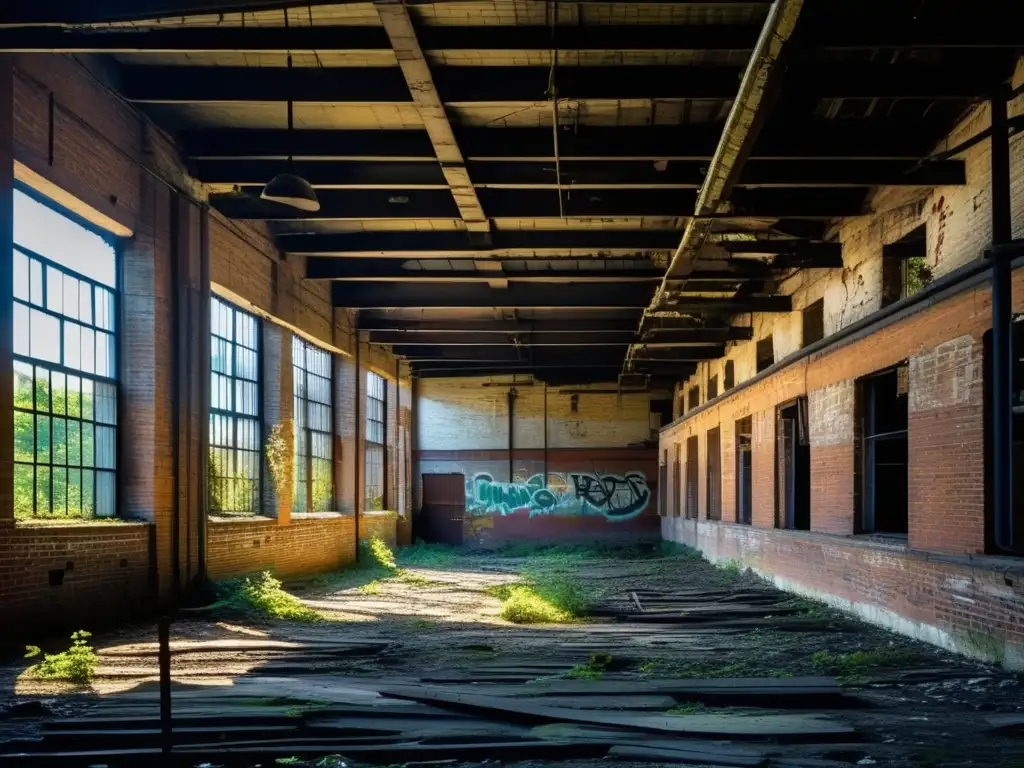 Fotografía de las ruinas de una fábrica en Ohio, con grafitis, ventanas rotas y vegetación. La luz y sombra resaltan la belleza decadente.