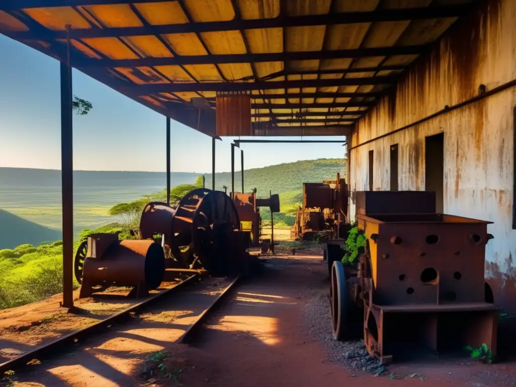 Ruinas Minas Morro Velho Brasil: Fotografía detallada de las estructuras en ruinas y maquinaria oxidada en una mina abandonada, con la naturaleza reclamando su espacio.