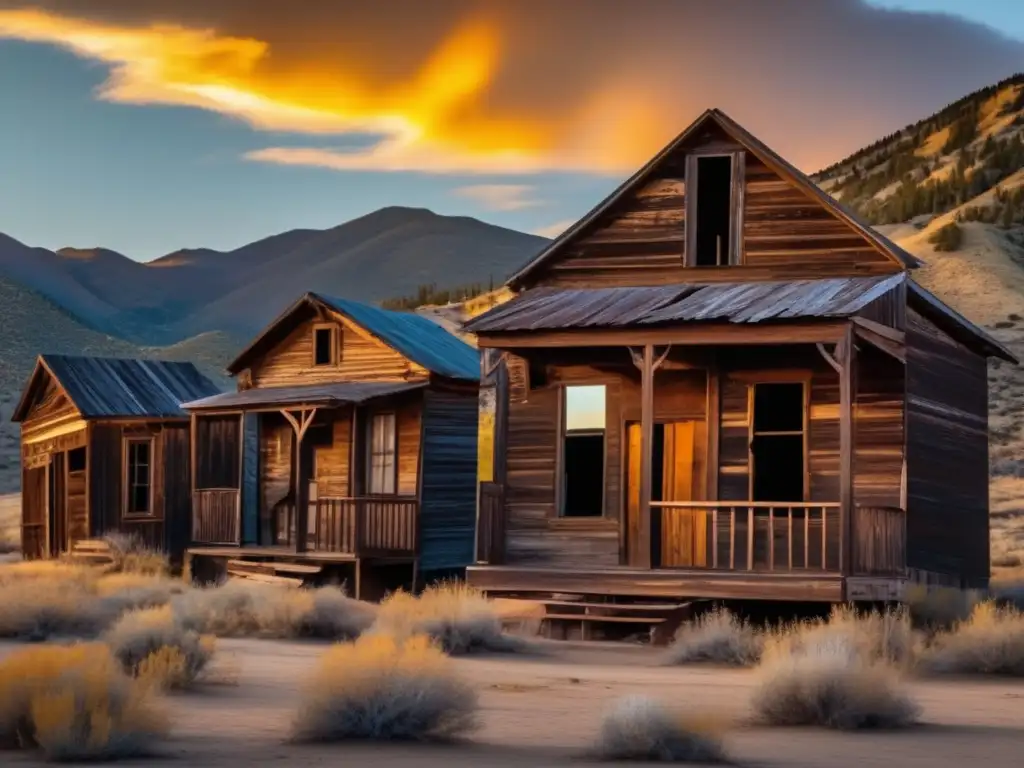 El sol se pone sobre los edificios abandonados de Dawson, creando una escena fantasmal y evocadora que captura la historia del pueblo.