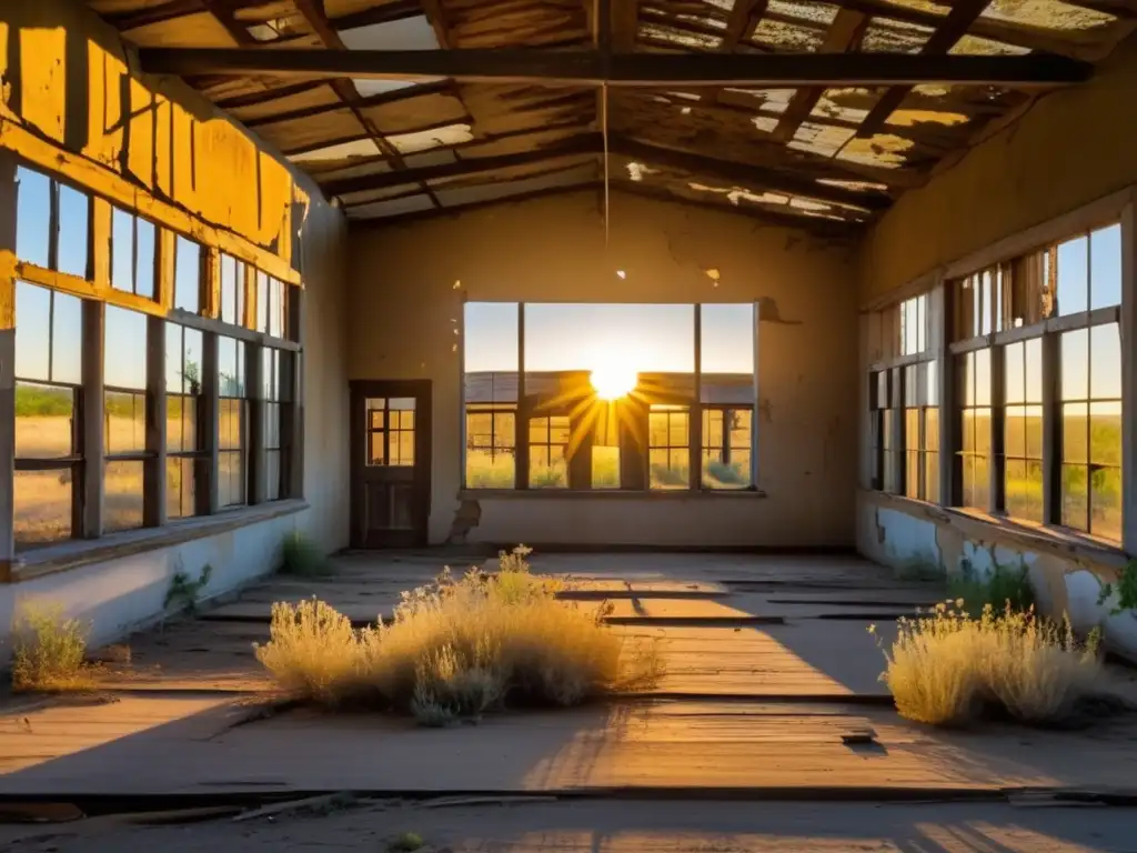 El sol se pone sobre la escuela abandonada en el Pueblo Fantasma Glenrio, creando una atmósfera nostálgica y misteriosa.