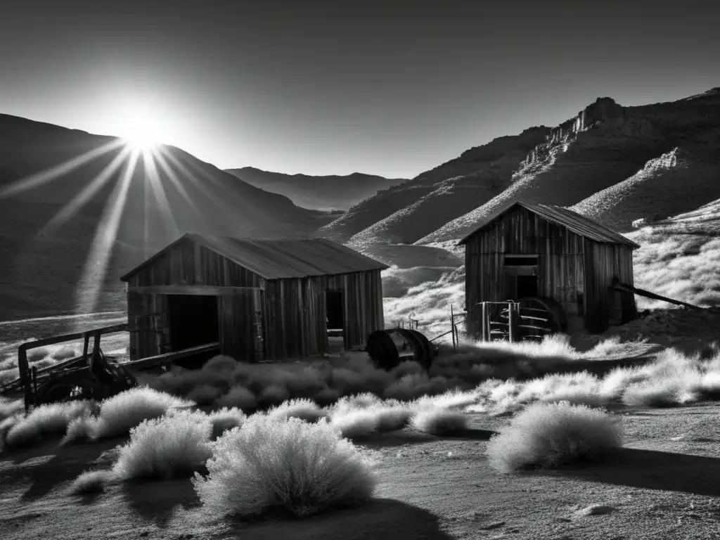 El sol se pone sobre las minas abandonadas en Belmont, Nevada, creando una escena nostálgica y melancólica que refleja la historia del pueblo minero.