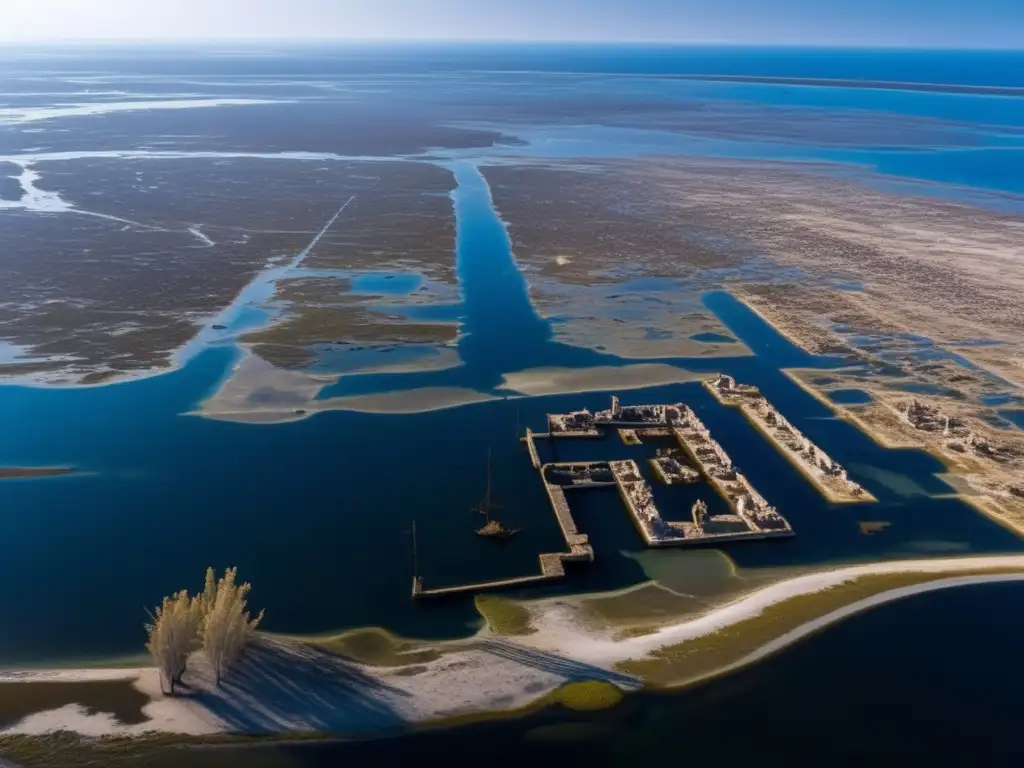 El sol ilumina las ruinas sumergidas de Epecuén, creando una escena hermosa y trágica. <b>Trágico declive de Epecuén bajo agua.