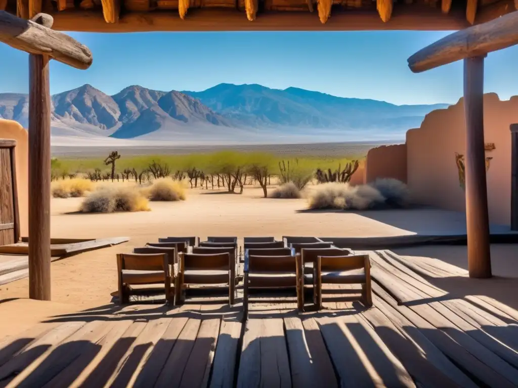 Un solitario teatro en el desierto, con murales de Shakespeare, asientos desgastados y montañas al fondo. <b>Una imagen desoladora y hermosa.