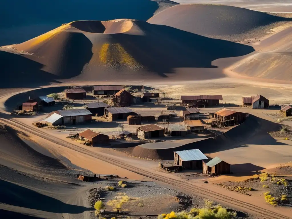 Fotografía aérea de Tierra Amarilla, una ciudad minera desaparecida en Chile. <b>Paisaje desolado y misterioso entre ruinas y naturaleza al atardecer.