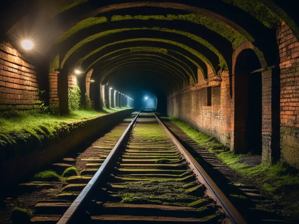 Túnel de escape abandonado en Europa con muros de ladrillo, musgo y vías oxidadas, evocando historia y misterio.