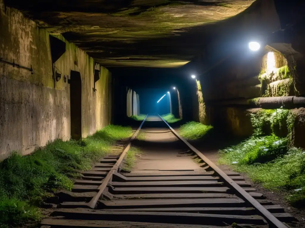 Túnel de escape europeo abandonado durante la Segunda Guerra Mundial, revelando su historia en la penumbra.