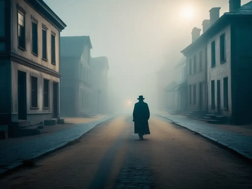 Un viaje a través de tours en ciudades fantasma. Una figura solitaria observa una calle desierta en un pueblo abandonado, envuelto en niebla.