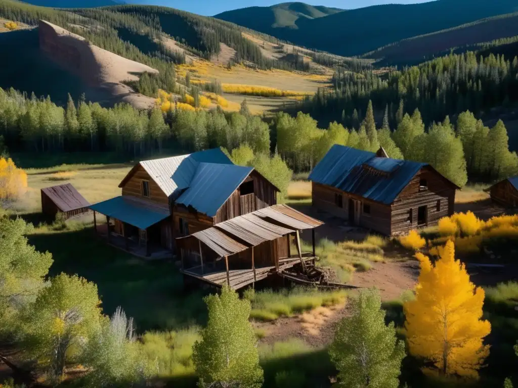 Vista aérea de la ciudad fantasma de Pannequin en Colorado, con sus edificios abandonados contrastando con el paisaje natural.