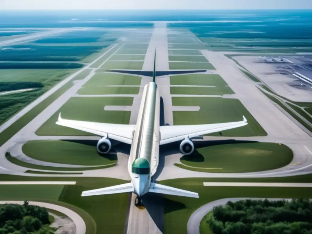 Vista aérea desolada del Aeropuerto Montreal Mirabel abandonado, con pistas vacías y naturaleza reclamando su espacio.