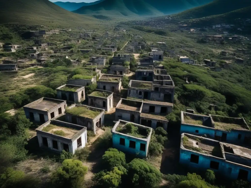 Vista aérea detallada de Zimapán, México, capturando la atmósfera fantasmal de la ciudad abandonada.