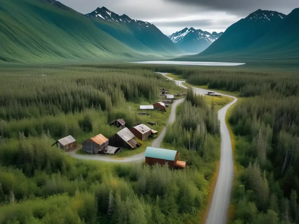 Vista aérea impresionante de la ciudad fantasma McCarthy Alaska, en medio de montañas y bosques, con edificios oxidados y senderos misteriosos.