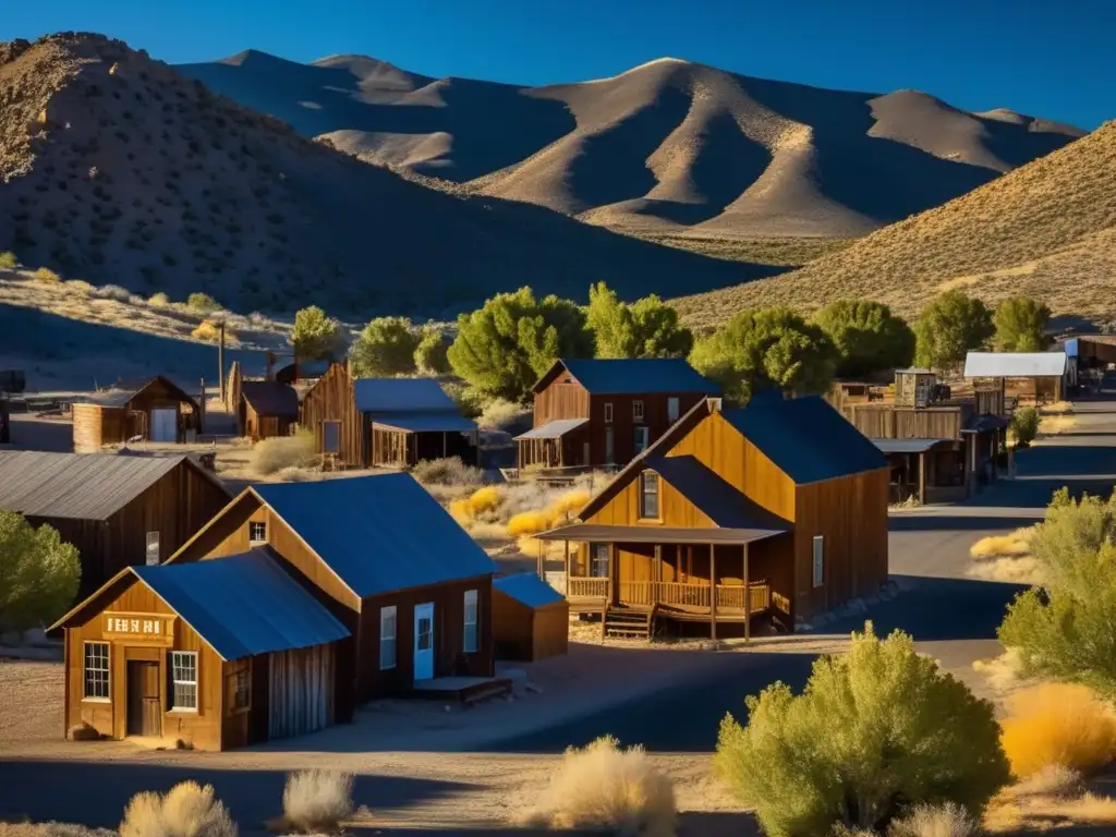 Vista aérea impresionante del pueblo minero histórico Belmont, Nevada, con paisaje desértico y estructuras mineras antiguas. <b>Evoca nostalgia por la rica historia del pueblo.