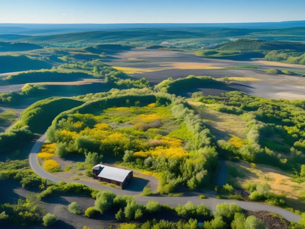 Una vista aérea impresionante de la reconquista de la naturaleza en el pueblo fantasma de Centralia, donde la vida florece entre ruinas abandonadas.