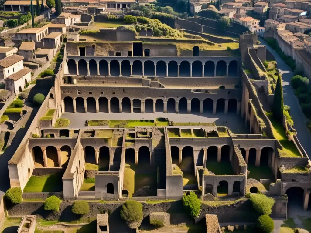 Vista aérea de las ruinas de Herculano, revelando su historia ciudad fantasma y su belleza abandonada entre luz y sombra.