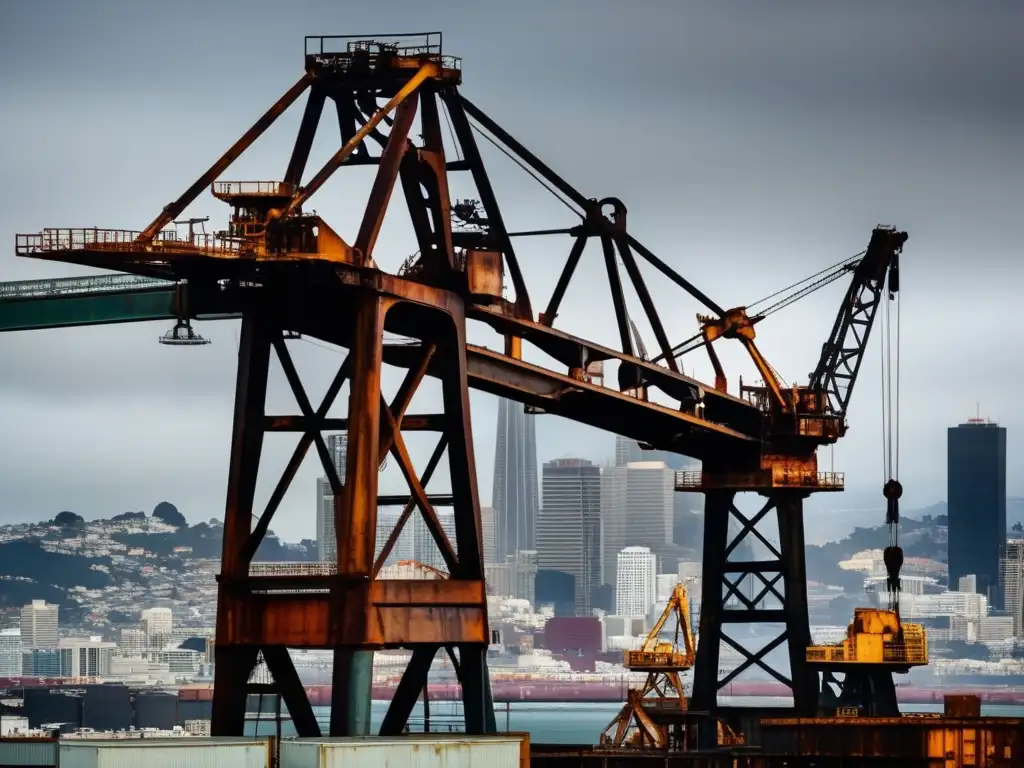 Vista nostálgica de las grúas portuarias inactivas San Francisco, con la ciudad de fondo y un cielo sombrío.